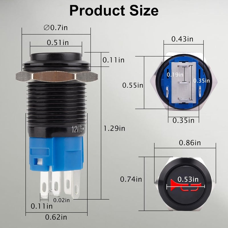 BFXM Horn Button 12v, 16MM Raised Speaker Momentary Push Button Switch, 5/9" Mounting Hole Horn Switchs for Automotive Car Boat Train, Green LED Light Black Stainless Steel Shell - Image 3